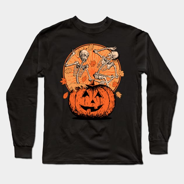 Vintage Pumpkin Skeletons Dancing Scene Long Sleeve T-Shirt by Three Meat Curry